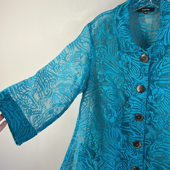 Kaktus Textured Turquoise Lagenlook Slouch Pockets Jacket Wooden Button Front L - Picture 13 of 16